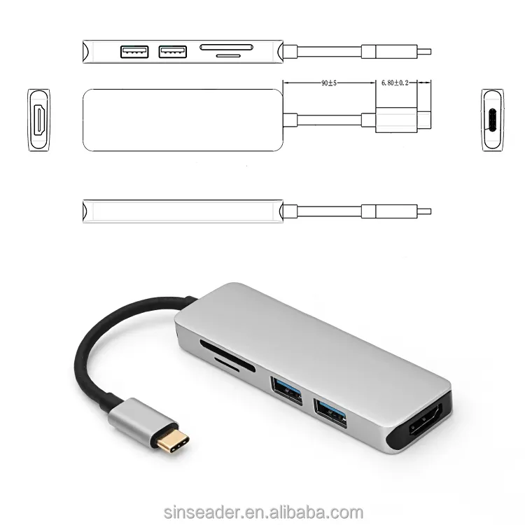 5 in1 tipo C multipuerto para portátil con lector de tarjetas SD y TF... HDMI 4K y los datos de 3,1 tipo C adaptador USB C