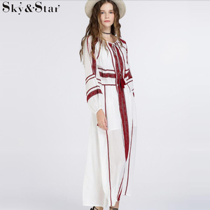 Nueva moda playa bohemia de manga larga <span class=keywords><strong>blanco</strong></span> casual Linen Maxi <span class=keywords><strong>Vestido</strong></span> Mujer - Product Image 4