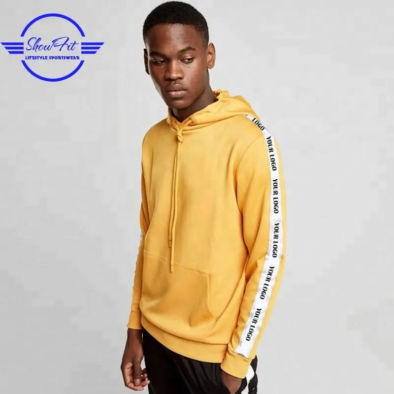 Custom logo side print tape hooded mens pullover yellow jumper hoodies