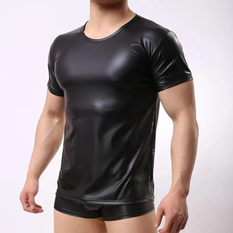 Men's sexy leather short-sleeved T-shirt Men must stage cortex Tees summer Factory Outlet Wholesale