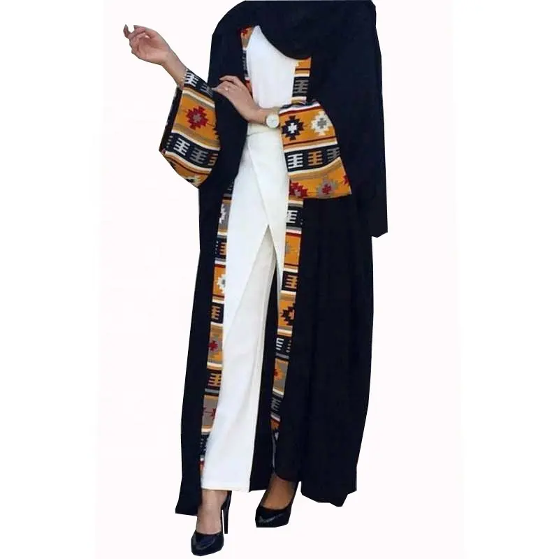 Wholesaleファッション黒オープンアバヤロングスリーブイスラム教徒ドレスデザインドバイアバヤイスラム服