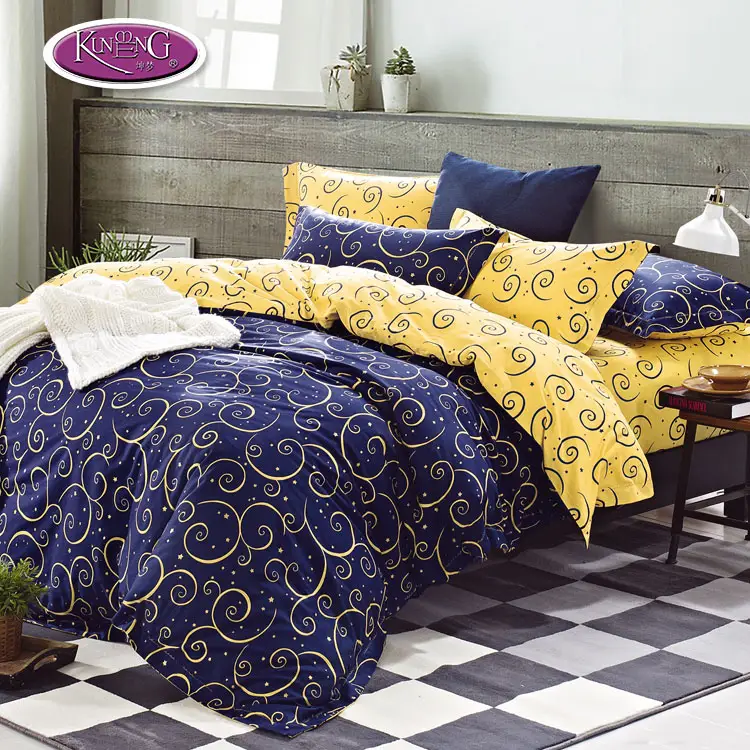 Latest design high color fastness king size quilt cover navy blue printed fit bed sheet set