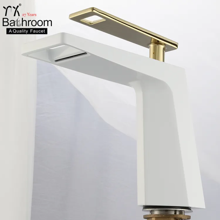 Pure white Lifting waterfall basin faucet Deck Mounted single handle basin faucet with gold handle Vacuum plating faucet