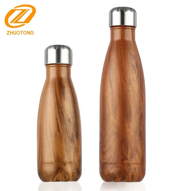 Insulated Water Bottle Stainless Steel Cola Shape Wooden Grain Pattern Insulated Outdoor Water Bottle