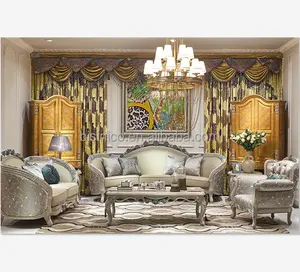 Engraved Castle Sofa Set, Queen Anne Style Wooden Living Room Furniture, Unique Floral Design Solid Wood Carved 3 Seater Sofa