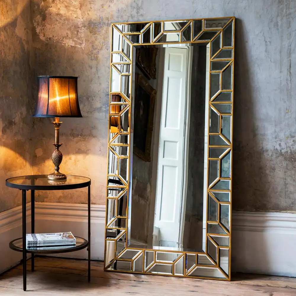 Hot Selling 24 Inches Long Gold Mosaic Geometric Wall Mirror Wooden Frame Floor Standing Mirror