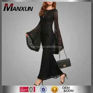 Hitam XL Bell Lengan Renda Bunga Gaun Panjang 2017 Terbaru Baju Muslim Bell Bawah Lengan Renda Gaun