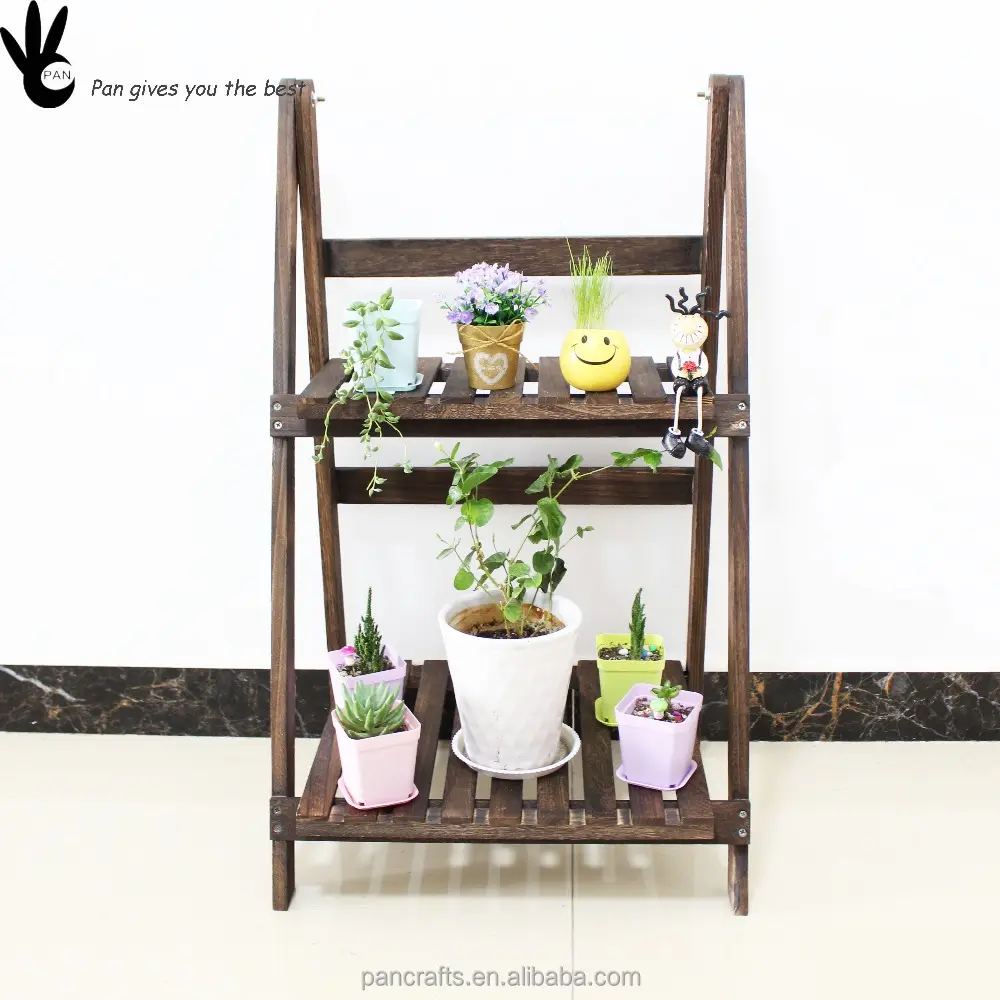 Pan hotsale two-layer flower shelves display wooden flower pot rack