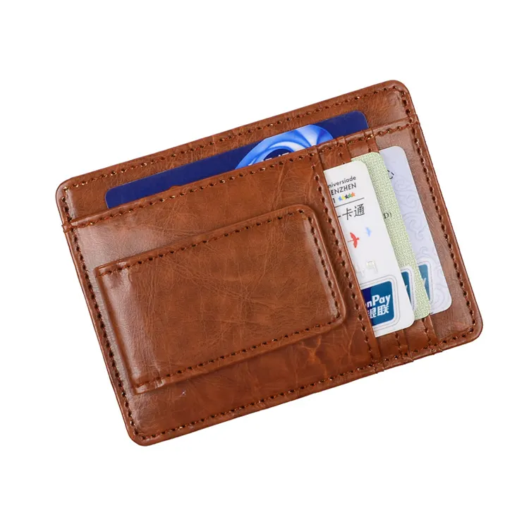 Factory-produced men's magnetic brown leather wallet money clip with rfid blocking pocket