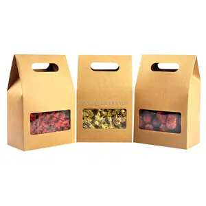 High quality paper box gift box packaging box brown kraft flat bottom dried fruit packaging bags with handle and window