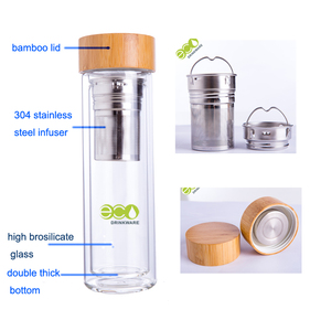No Minimum <strong>Personalized</strong> GA6010 Reusable 450ml Borosilicate Fruit Infusing Double Wall Glass <strong>Water</strong> <strong>Bottles</strong> With Bamboo Lid - Product Image 5