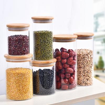 Promotional food grade wood lid candy spice heat resistant storage glass jar