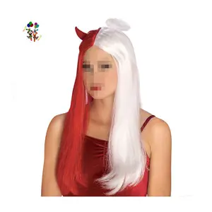 Yetişkin kadın kırmızı beyaz renkler şeytan melek cadılar bayramı partisi kostüm sentetik peruk HPC-0075