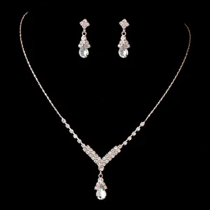 Factory wholesale silver rhinestone jewelry sets custom necklace long rhinestone necklace