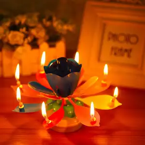 Gelukkige Verjaardag Kleurrijke Glitter Lotus Bloem Vorm Muziek Verjaardagstaart Kaars Voor Party