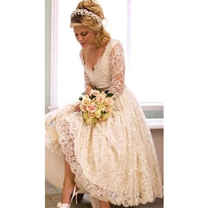 Abito <span class=keywords><strong>da</strong></span> <span class=keywords><strong>Sposa</strong></span> Libanese Semplice con Maniche Lunghe in Pizzo, Linea A, Lunghezza Tè - Product Image 6