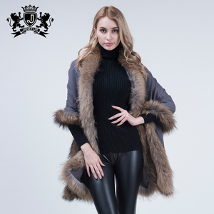 Europa Outono Inverno New Wool Cloak Coat Mulheres Real Raccoon Fur Shawl Senhoras Cashmere <span class=keywords><strong>Poncho</strong></span>