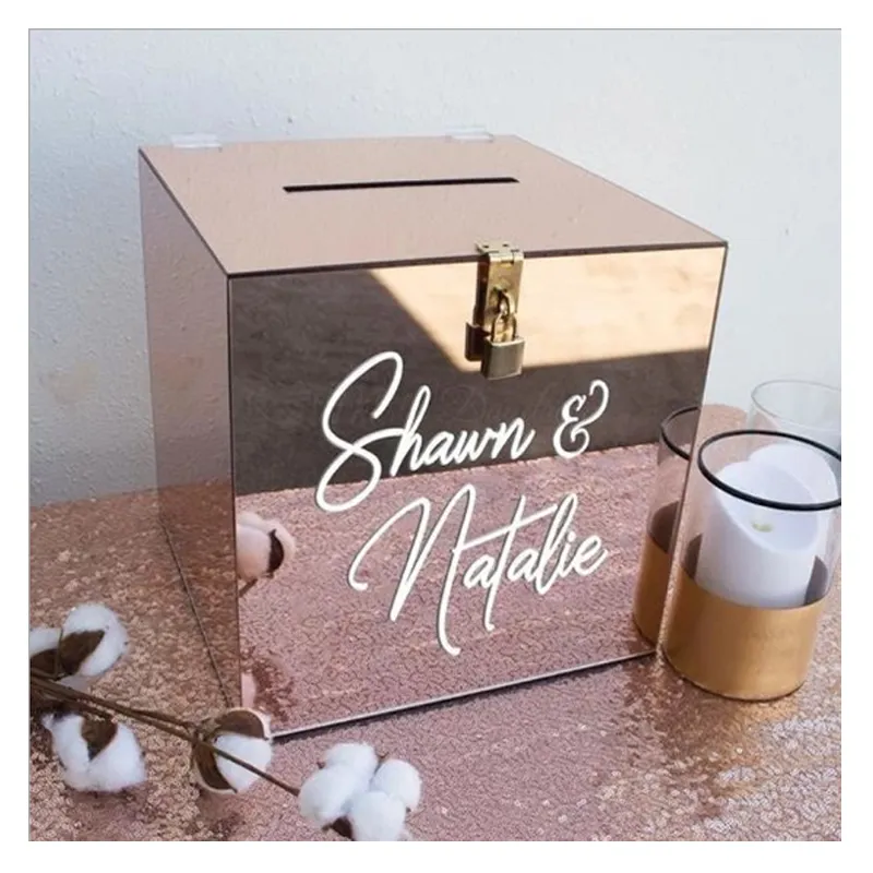 Caja de espejo acrílica personalizada de oro rosa para celebración de boda, caja de tarjeta de deseos con cerradura