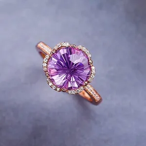 批发时尚可调节镀金925纯银天然水晶紫色紫水晶戒指女士订婚