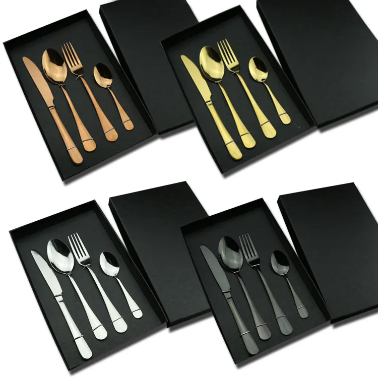 Set Alat Makan Stainless Steel, Alat Pemotong Sendok Garpu Set Hadiah Pernikahan Emas Hitam Elegan