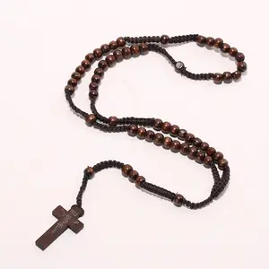 Grosir Perhiasan Agama 8Mm Kalung Manik-manik Yesus Rosario, Kalung Salib Kayu Yesus Kristen untuk Pria dan Wanita