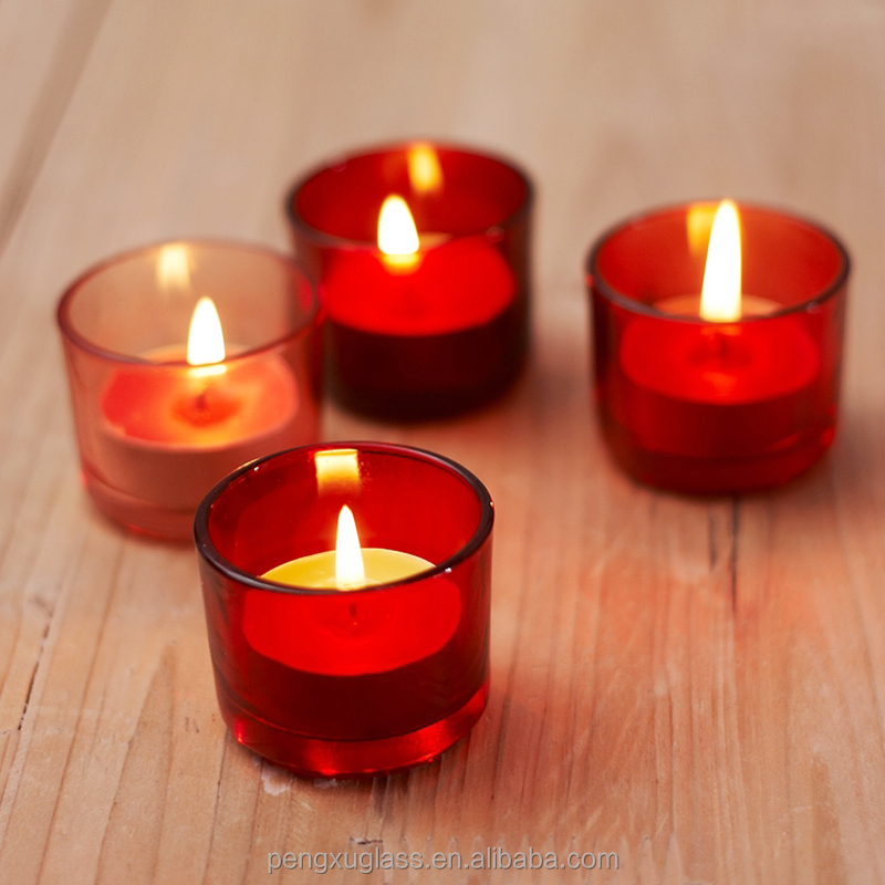 Mini décoratif couleur rouge clair en verre dépoli bougie conteneur/adapté aux besoins du client de lumière de thé pot titulaire