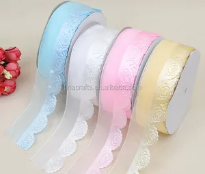 กุหลาบดอกไม้อัลตราโซนิกลายนูนโพลีเอสเตอร์ Organza ริบบิ้น