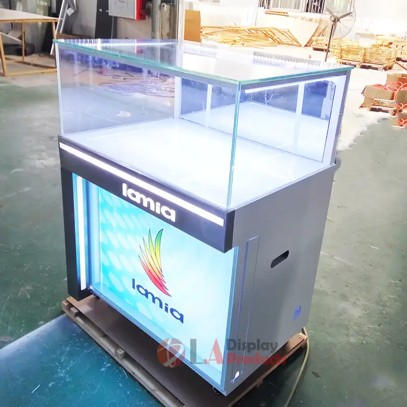 Factory custom made small steel mobile phone glass display cabinet led light showcase