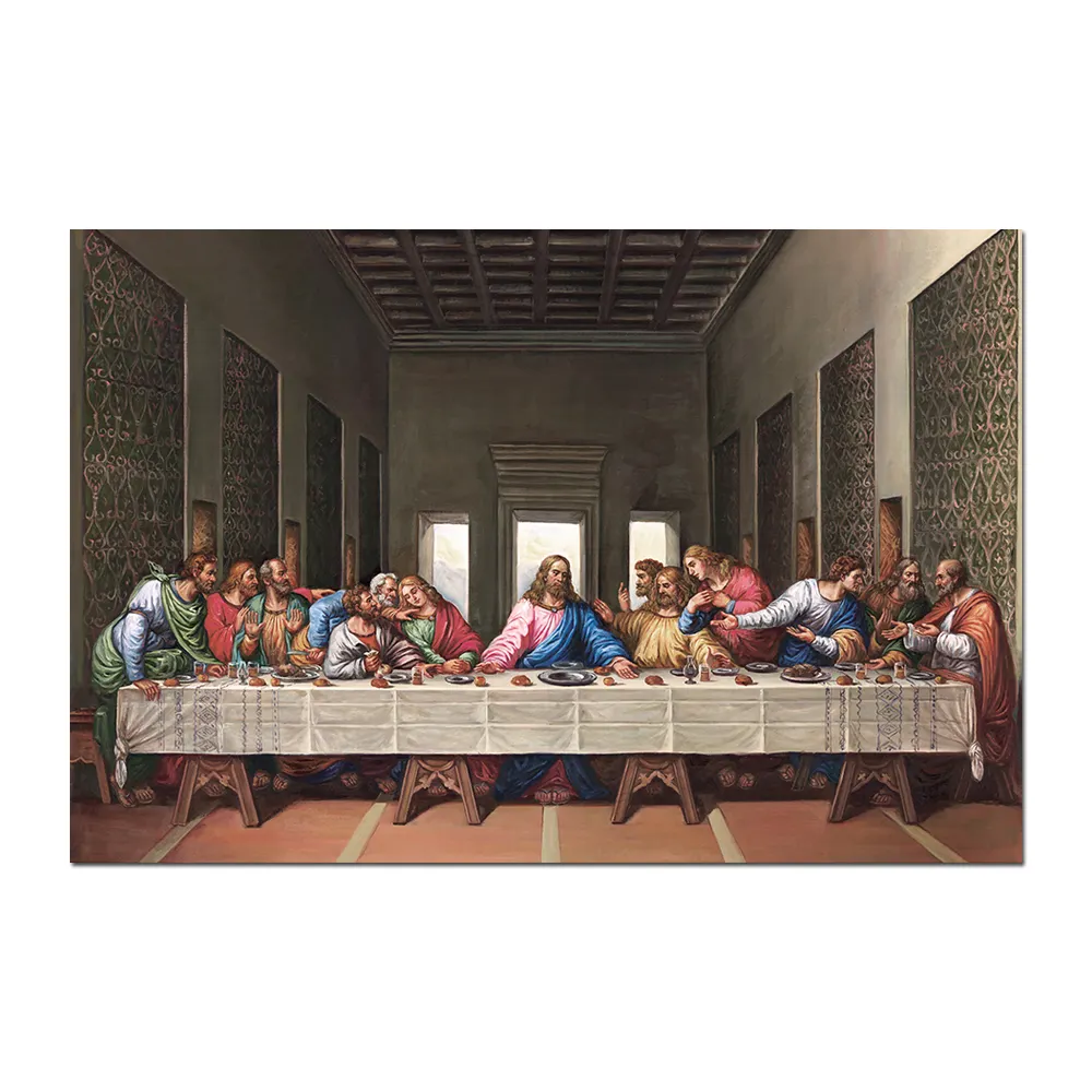Handmade Antique Famous Reproduction The Last Supper Da Vinci Fabric Canvas Oil Painting