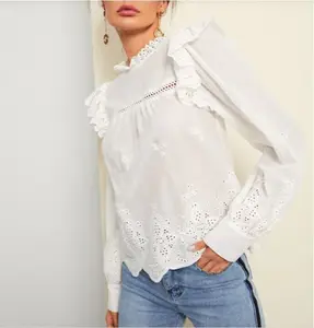 Ruffle Blouse Summer Shirt / Blouse Top Cute Long Sleeve Women Eyelet Embroidered Embroidery with Button Front and Contrast Lace