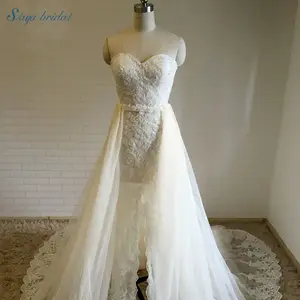 Two-piece style sweetheart lace patch wedding dress with detachable train