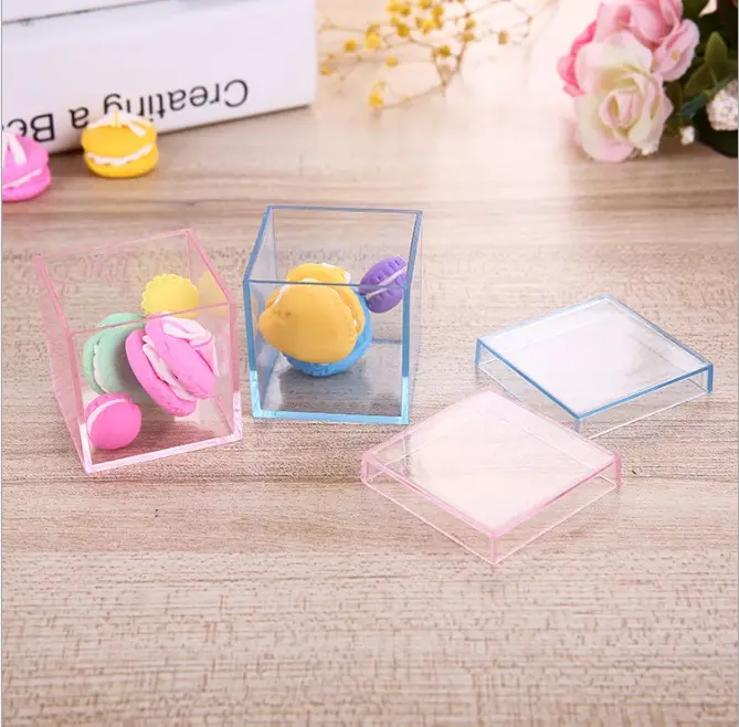 Cube Wedding Favor Candy Box Caixas de presente claras PVC plástico transparente do alimento do Natal do chuveiro do bebê para doces e presentes pequenos