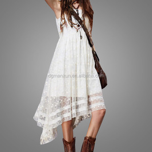 Delicado Hecho A Mano de la vendimia de Encaje Bordado Asymmtric Flowy Vestido de La Correa <span class=keywords><strong>Blanca</strong></span> - Product Image 3