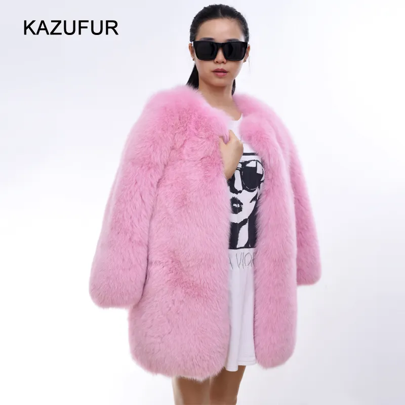 KAZUFUR देवियों उच्च फैशन गुलाबी पूरे फॉक्स त्वचा कस्टम मेड फर कोट