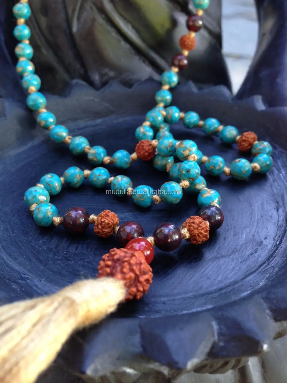 Bodhi MN20891 Mala Mosaic Turquoise Rudraksha Bodhi Seed Beads Necklace Full Mala 108 Knotted Buddhist Prayers With Tassel