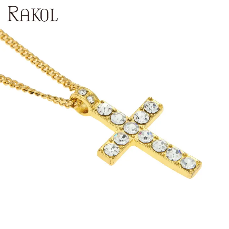 RAKOL HN004 Hiphop kristal Rhinestone 24k altın takı mısır çapraz kolye kolye