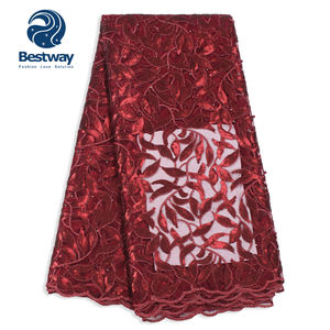 Tessuto in Pizzo Africano Bestway 2026 con Motivo a Foglie Rosso Vino e Paillettes Ricamate - Product Image 1