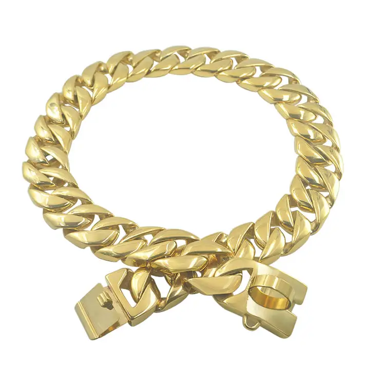 Tuỳ Chỉnh Logo 18K Mạ Vàng 32 Mét Thép Không Gỉ Rottweiler Pitbull Mạnh Mẽ Bền Cổ Áo BẮT NẠT Cuban Chain Đối Với Big Dog