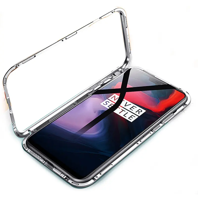 360 Metal frame flip phone cover explosion Single-side Glass Magnetic case For Oneplus 6T / 6