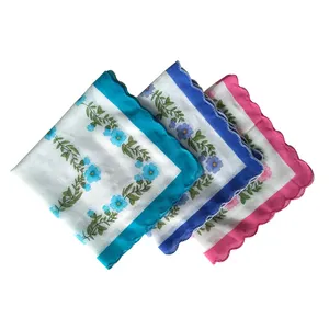 定制花卉设计印花扇贝边女性有机棉手帕