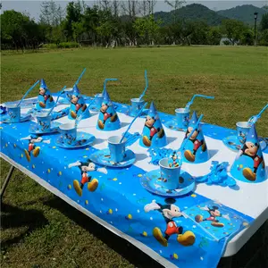 Tas dekorasi pesta ulang tahun anak, perlengkapan tema tikus biru, piring kertas, spanduk serbet/bendera, taplak meja jerami