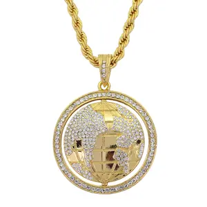 Nuova Collana con <span class=keywords><strong>Ciondolo</strong></span> Mappa del <span class=keywords><strong>Mondo</strong></span> in Cristallo Personalizzata, Gioielli Hip-Hop Dorati 2018 - Product Image 1