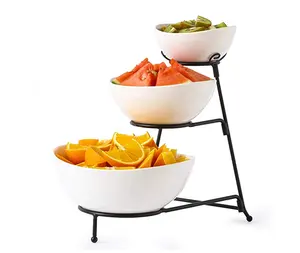 High quality dinnerware 3 tiers oval shape white dip salad fruit bowl with iron rack