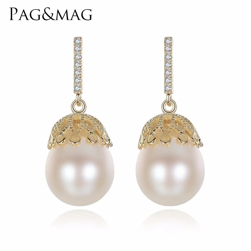 Pag&Mag Charming Single Oval Fine Freshwater Pearl With S925 Sterling Silver Dangle Zircon Stone Drop Earring For Women Gift