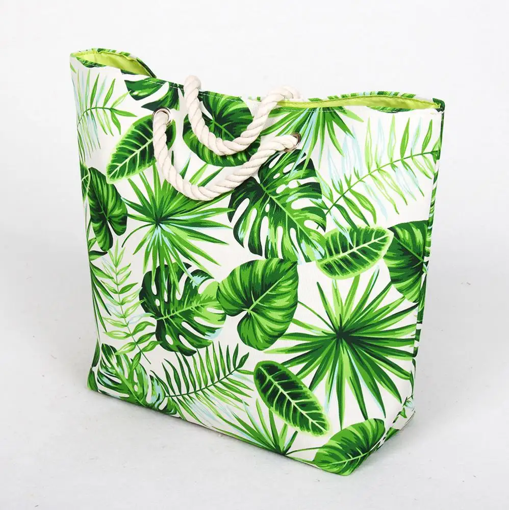 กระเป๋าโท้ทโพลีเอสเตอร์พิมพ์ลายใบไม้เขตร้อน,กระเป๋าชายหาดทำจากผ้าคอตตอนพิมพ์ดิจิตอลเป็นมิตรกับสิ่งแวดล้อม