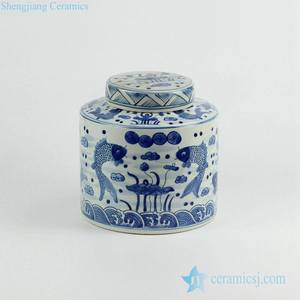 RZKY08 coperchio Piatto blu e bianco coppia <span class=keywords><strong>di</strong></span> <span class=keywords><strong>pesce</strong></span> disegno a mano porcellana coffee bean container jar - Product Image 2