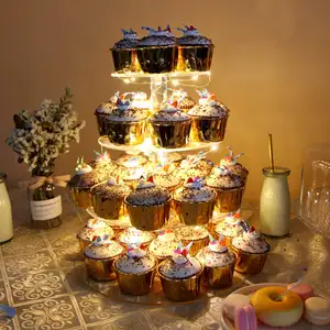 4 Tier Acrylic Vòng Sinh Nhật Wedding Party Cupcake Hiển Thị Đứng Với LED Chuỗi Đèn Tráng Miệng Tree Tower
