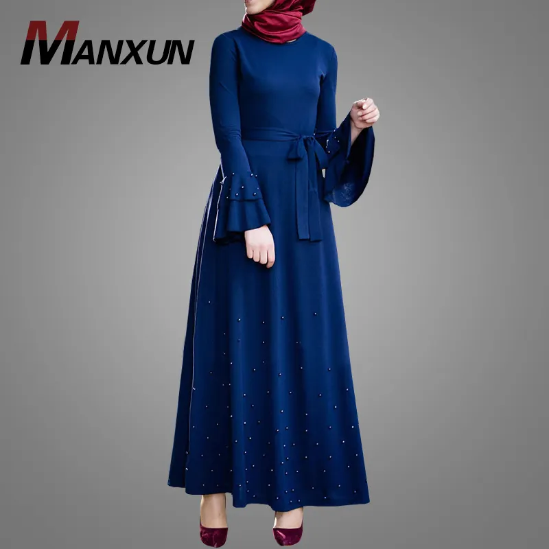 Elegant Maxi Party Muslim Dress High Quality Dark Blue Islamic Clothing Beautiful Beaded And Layers Dubai Abaya Nice Jilbab