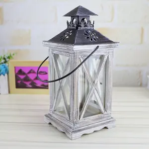 Vintage Wooden Candle Lantern Hanging Glass Candle Holder Decoration