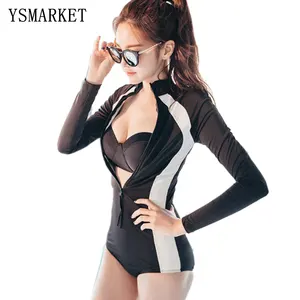 YSMARKET New Patchwork Long Sleeve Women Bikini Korean Style No Steel Support One-piece Swimwear Swim Suits Surfing Wear Ek801